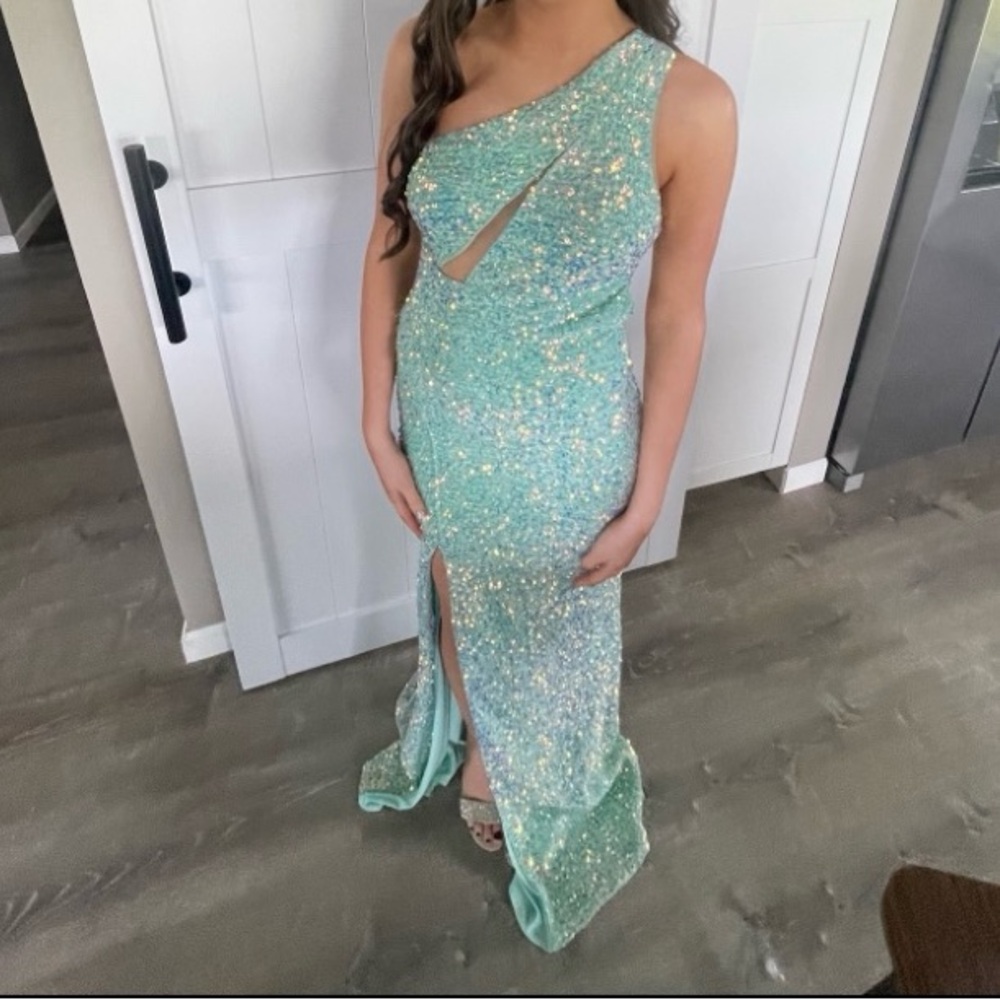 Jovani One-Shoulder Aqua Sequin Dress